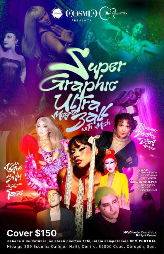 Póster del Super Graphic Ultra Mega Ball with Mich: collage de participantes en colores neón